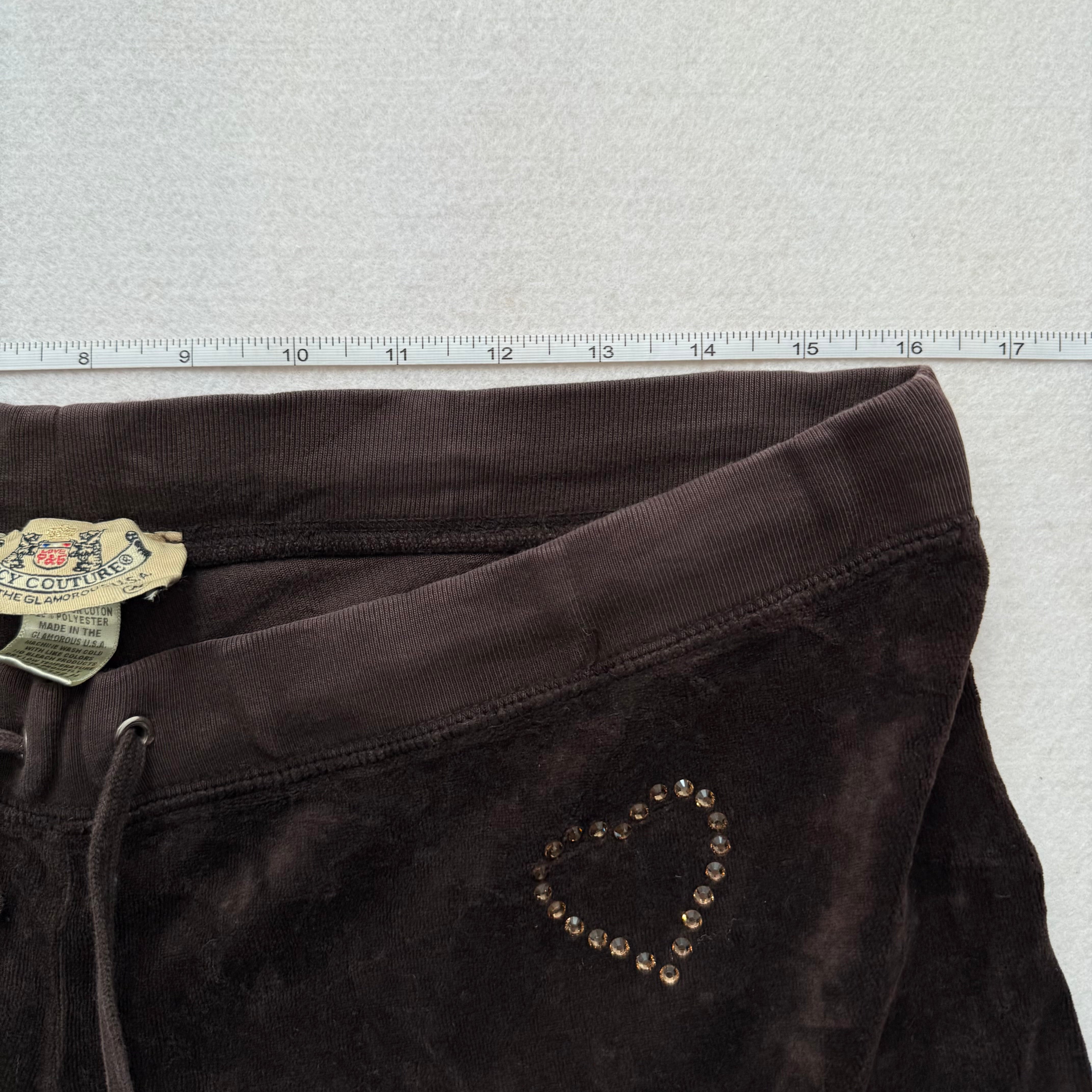 2003 Vintage Juicy Couture brown heart low rise rhinestone velour pants size M