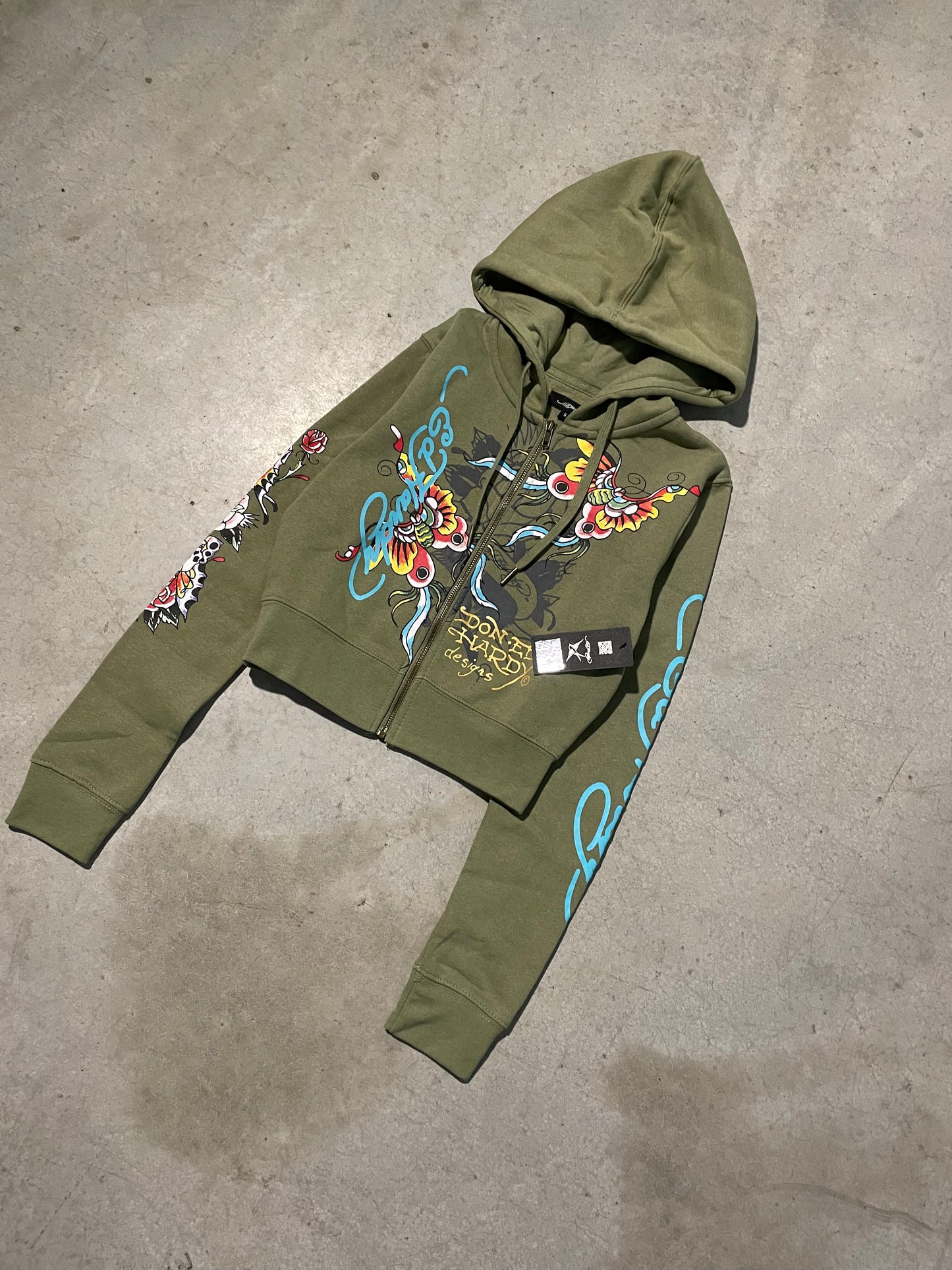 ED HARDY “BUTTERFLIES” SAGE CROPPED ZIP UP HOODIE