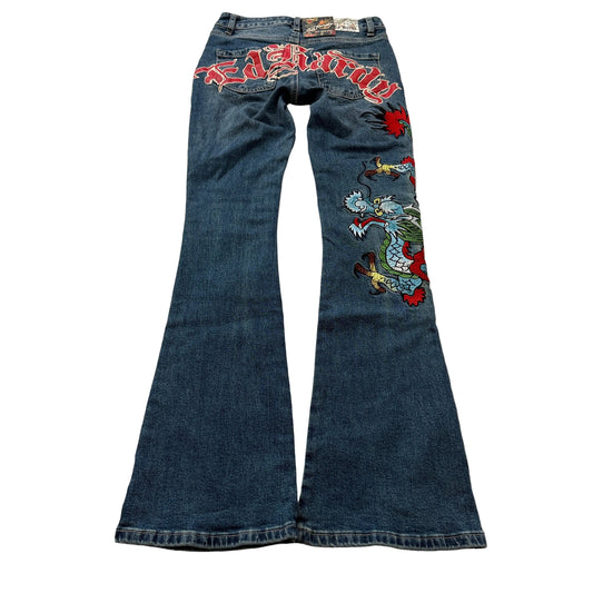 Ed Hardy Embroidered Dragon Women's Blue Flare Denim Jeans Tattoo Print Size 24