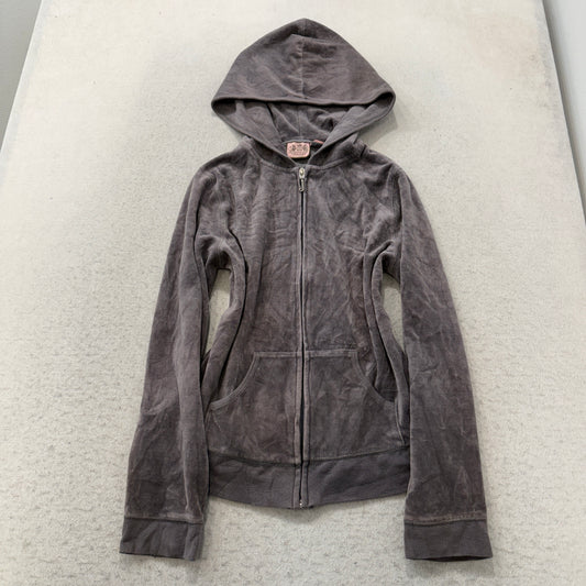 Vintage Juicy Couture Queen Of Couture Women's Grey Velour Zip-Up Hoodie Size L