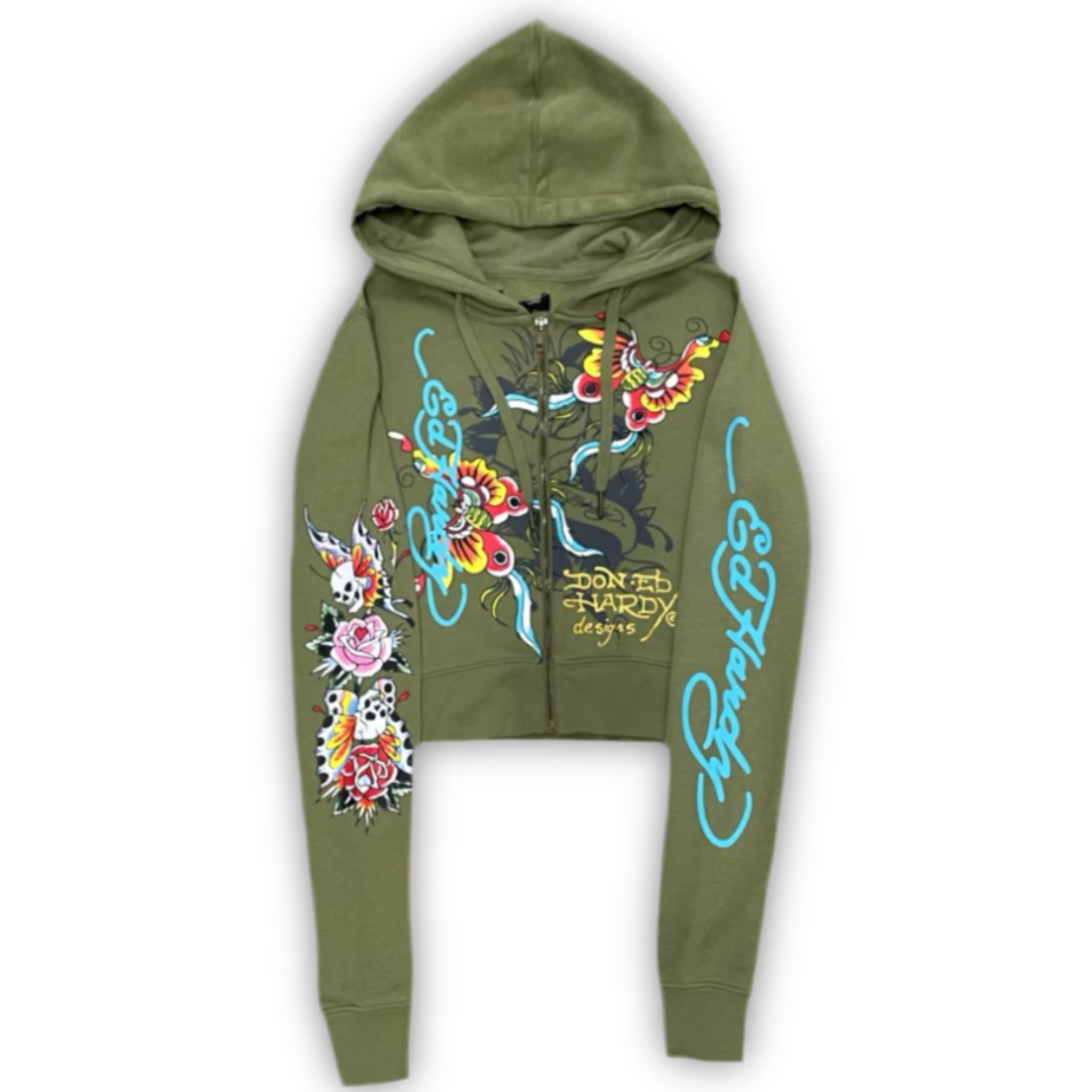 ED HARDY “BUTTERFLIES” SAGE CROPPED ZIP UP HOODIE