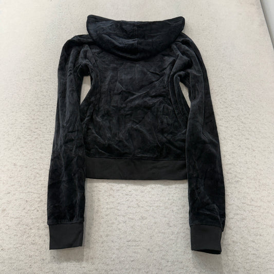 Vintage Juicy Couture Womens Black Velour Zip-Up Hoodie Loungewear Pocket Size S