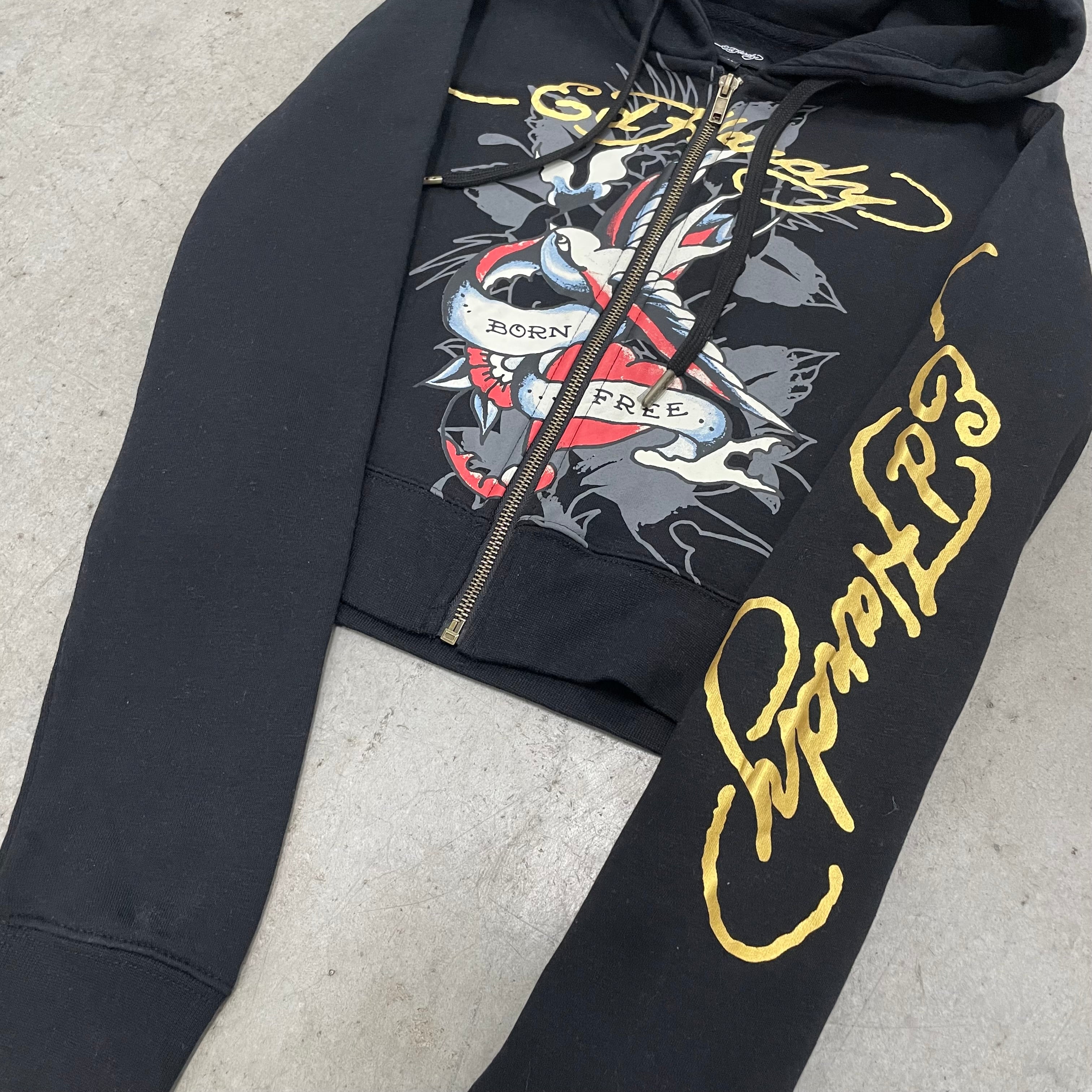 ED HARDY “Swallow Birds ” BLACK CROPPED ZIP UP HOODIE