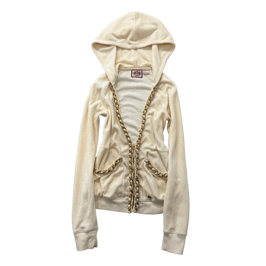 Juicy Couture Women's Cream Velour Zip-Up Hoodie Pockets Gold Chain Trim Size P