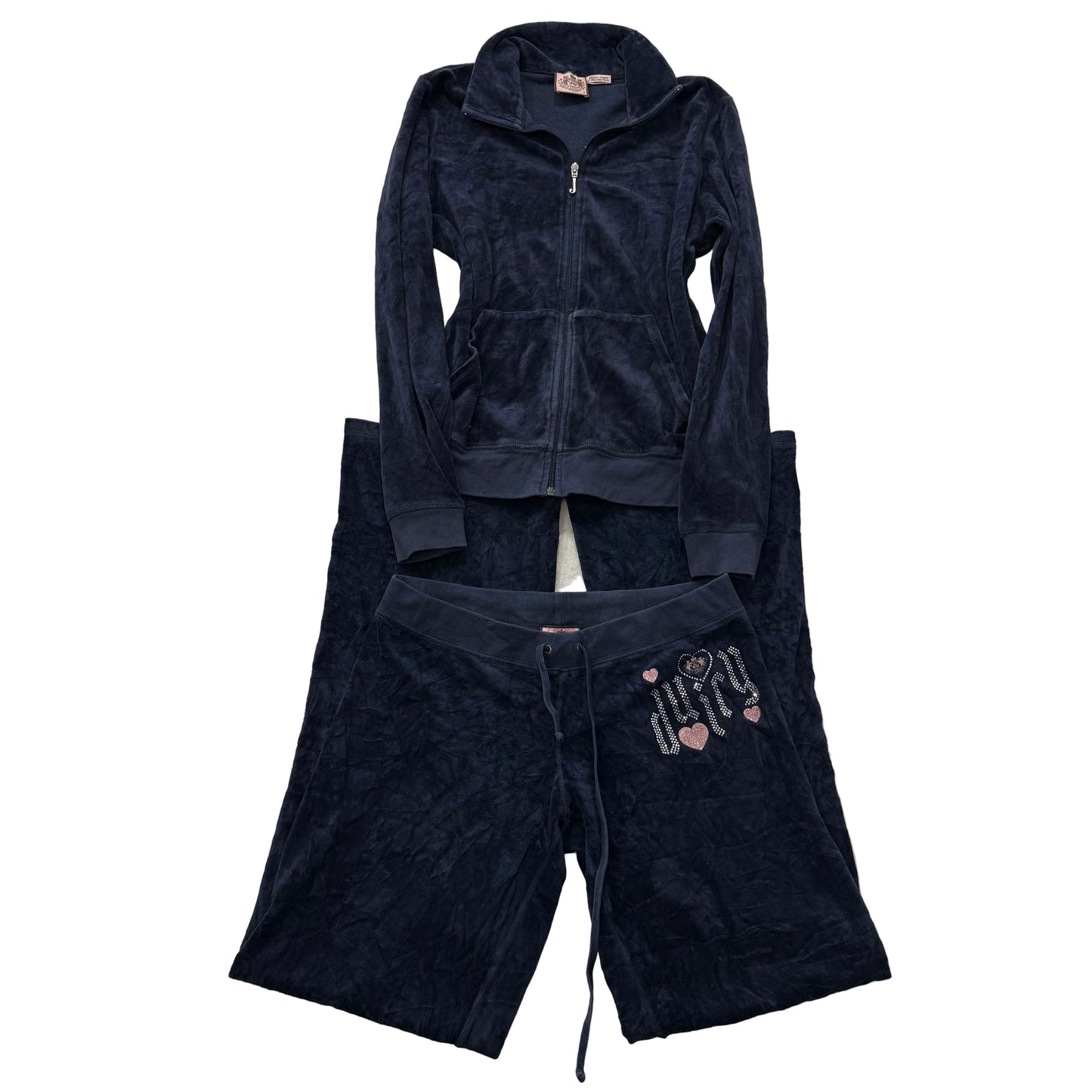 Juicy Couture Navy Velour Tracksuit Set Zip-Up Hoodie & Flared Pant Logo Size S