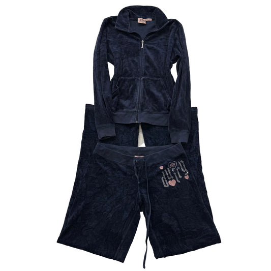 Juicy Couture Navy Velour Tracksuit Set Zip-Up Hoodie & Flared Pant Logo Size S
