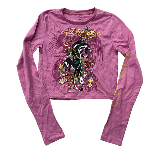 Ed Hardy Women Pink Cropped T-Shirt Long Sleeve Black Panther Graphic Tee Size M