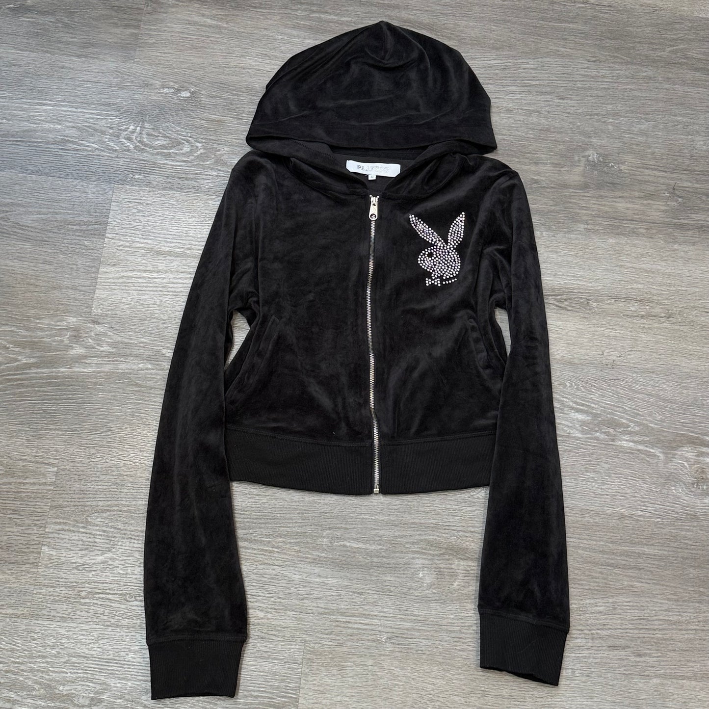 Playboy Women's Black Velour Zip-Up Cropped Fit Hoodie Rhinestones Logo Size M