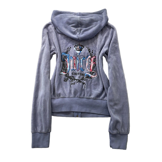 Vintage Juicy Couture Womens Slate Gray Velour Zip-Up Hoodie Back Graphic Size S