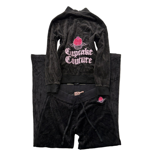 Juicy Couture Cupcake Couture Women Black Velour Tracksuit Set Jacket & Pant - M
