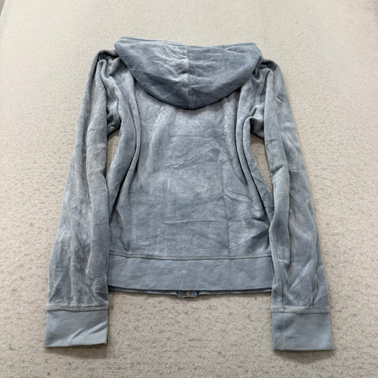Juicy Couture Women's Grey Velour Zip-Up Hoodie Pockets Drawstring Y2K Size M