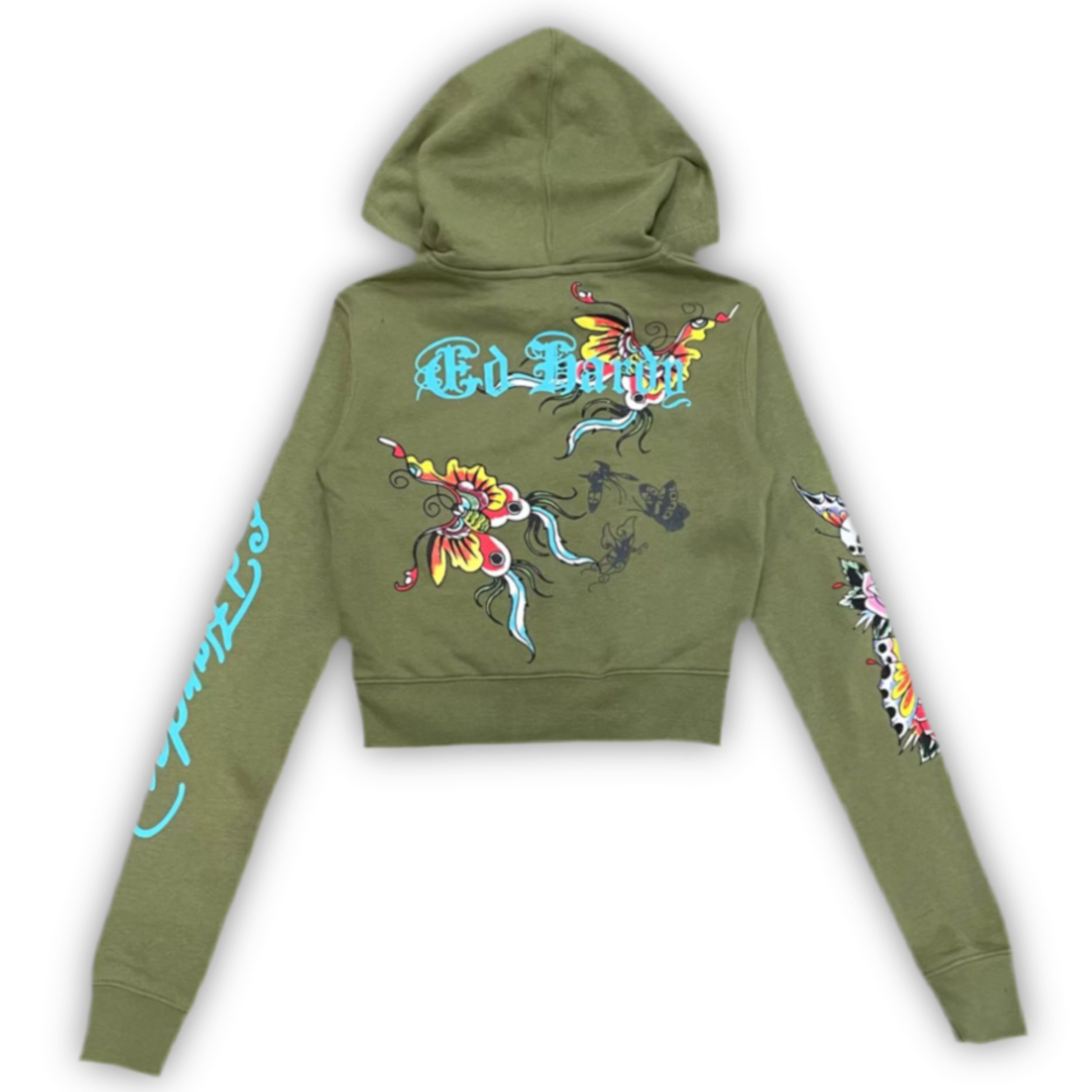 ED HARDY “BUTTERFLIES” SAGE CROPPED ZIP UP HOODIE