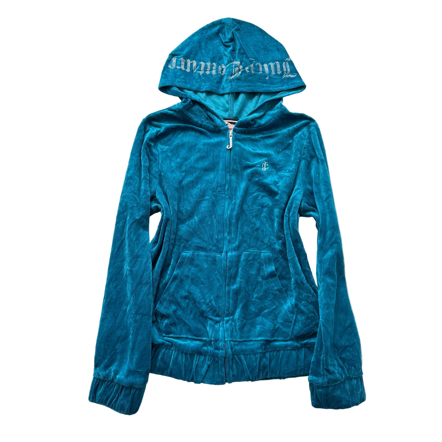 Juicy Couture Women's Turquoise Blue Velour Zip Up Hoodie Ruched Hem Logo Size L