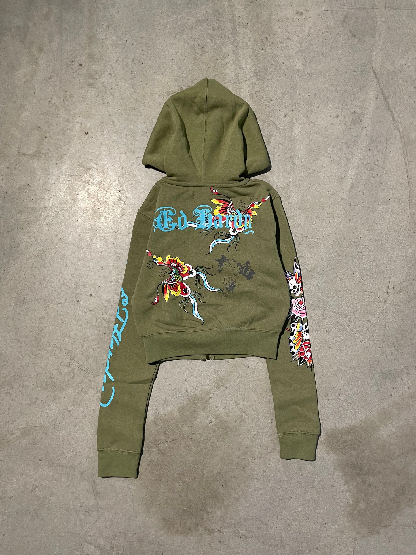 ED HARDY “BUTTERFLIES” SAGE CROPPED ZIP UP HOODIE