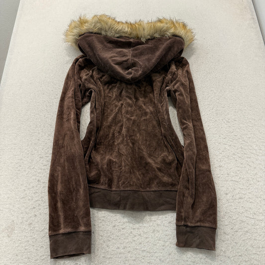 Juicy Couture Women's Brown Velour Zip-Up Hoodie Faux Fur-Trimmed Hood Size M