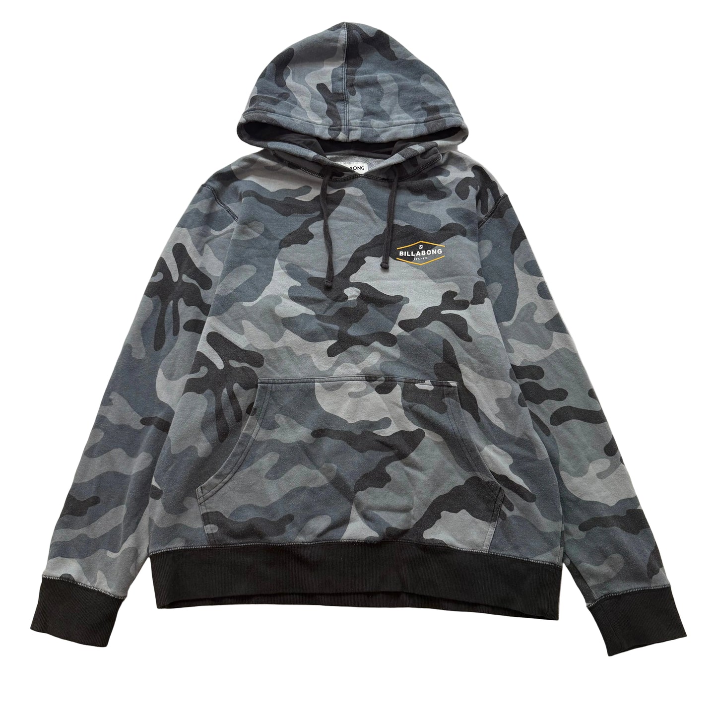 Billabong Men Gray Black Camouflage Pullover Hoodie Kangaroo Pocket Logo Size XL