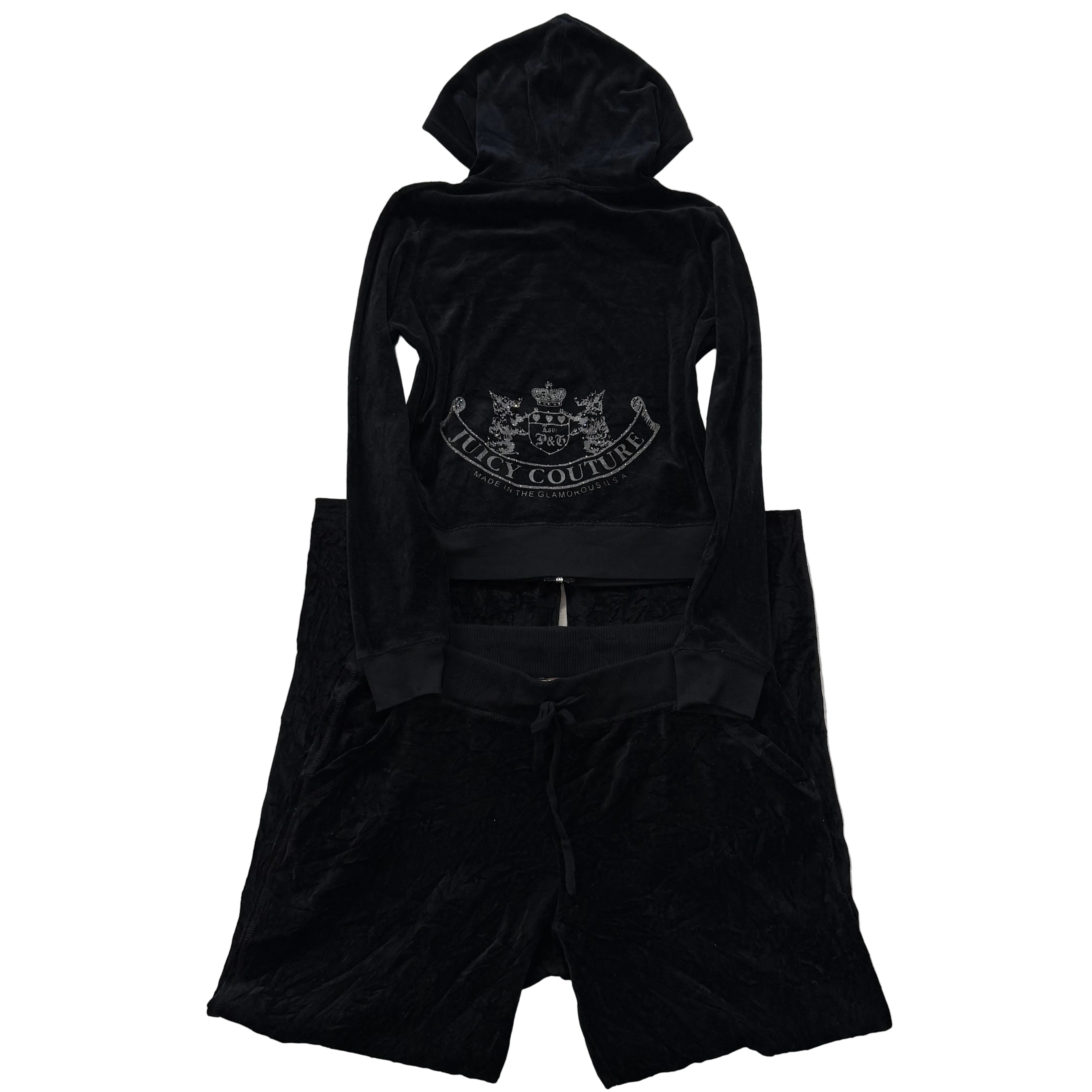 Juicy Couture Black Velour Tracksuit Set Zip Up Hoodie & Straight Pants Size L