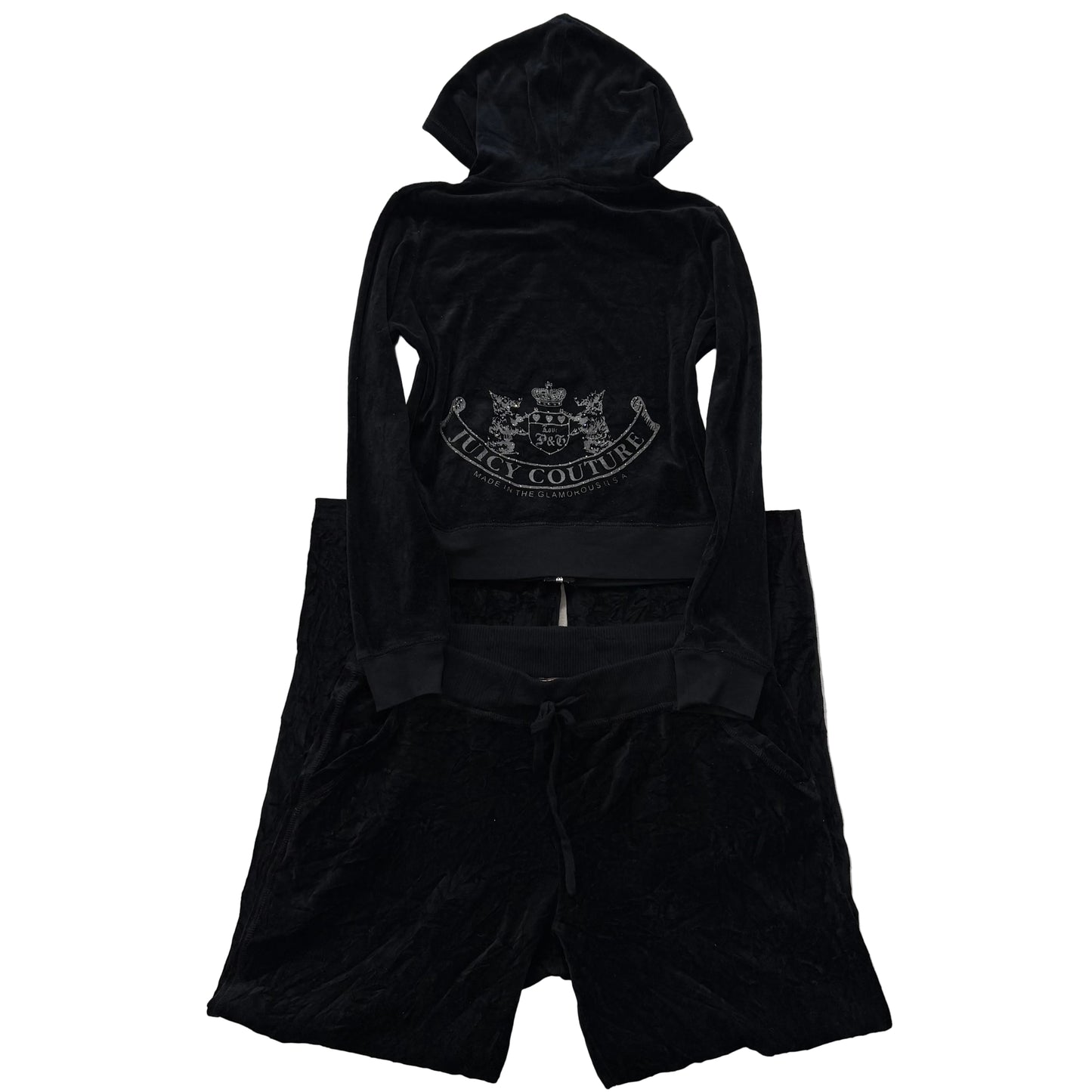 Juicy Couture Black Velour Tracksuit Set Zip Up Hoodie & Straight Pants Size L