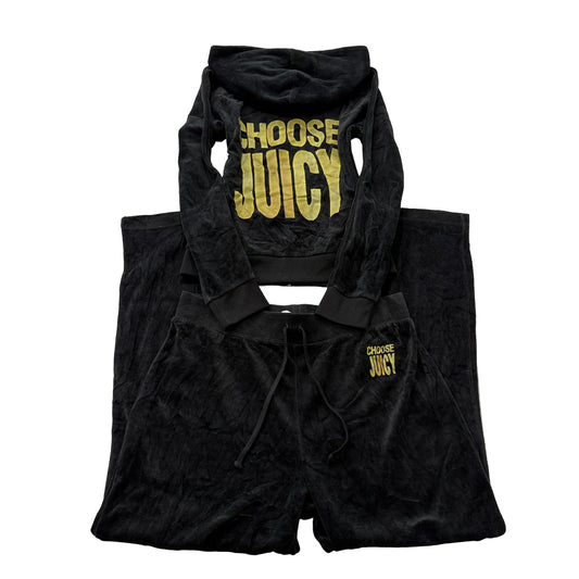 Juicy Couture Choose Juicy Women Black Velour Tracksuit Set Hoodie & Pant Size L