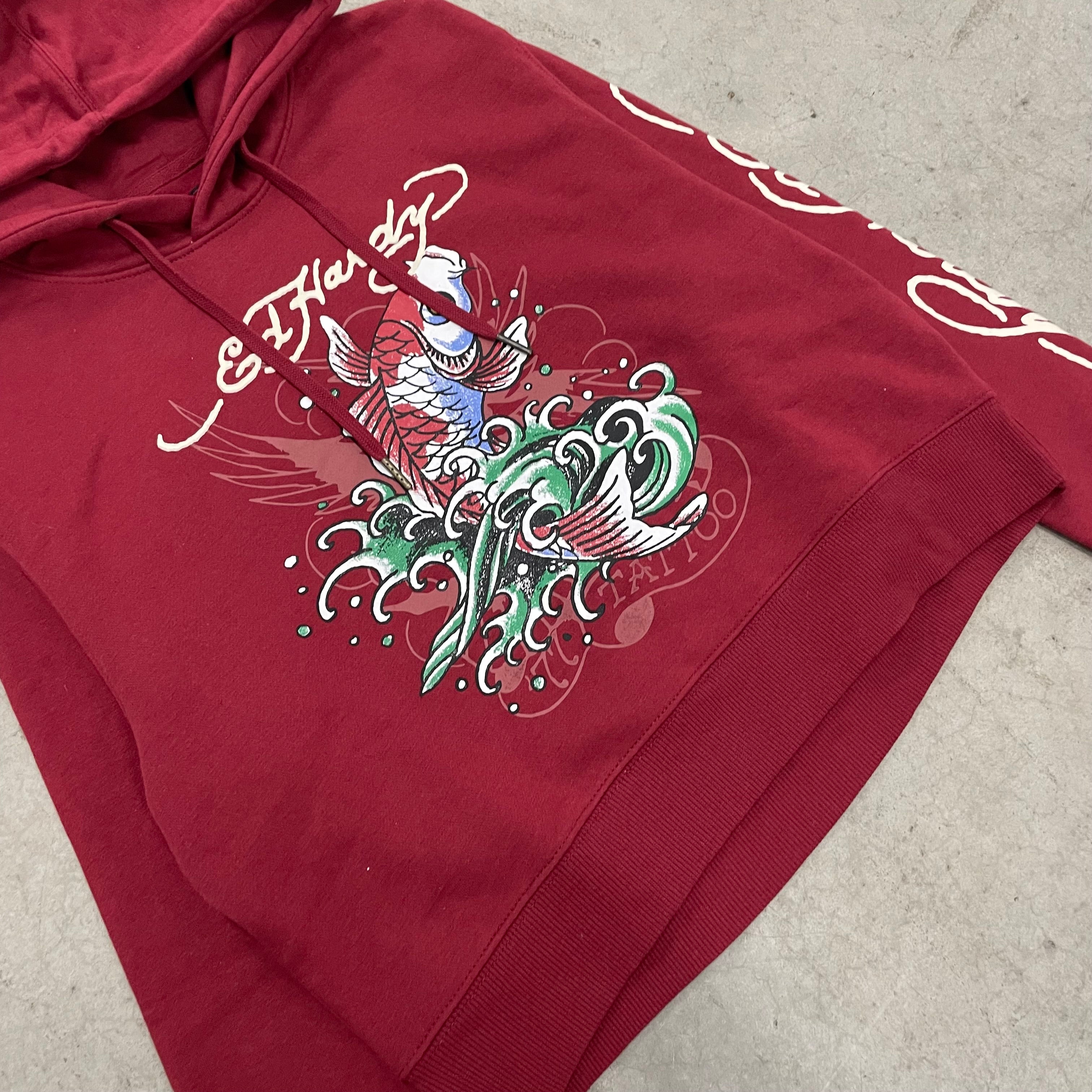 ED HARDY “Koi fish” BURGUNDY CROPPED HOODIE