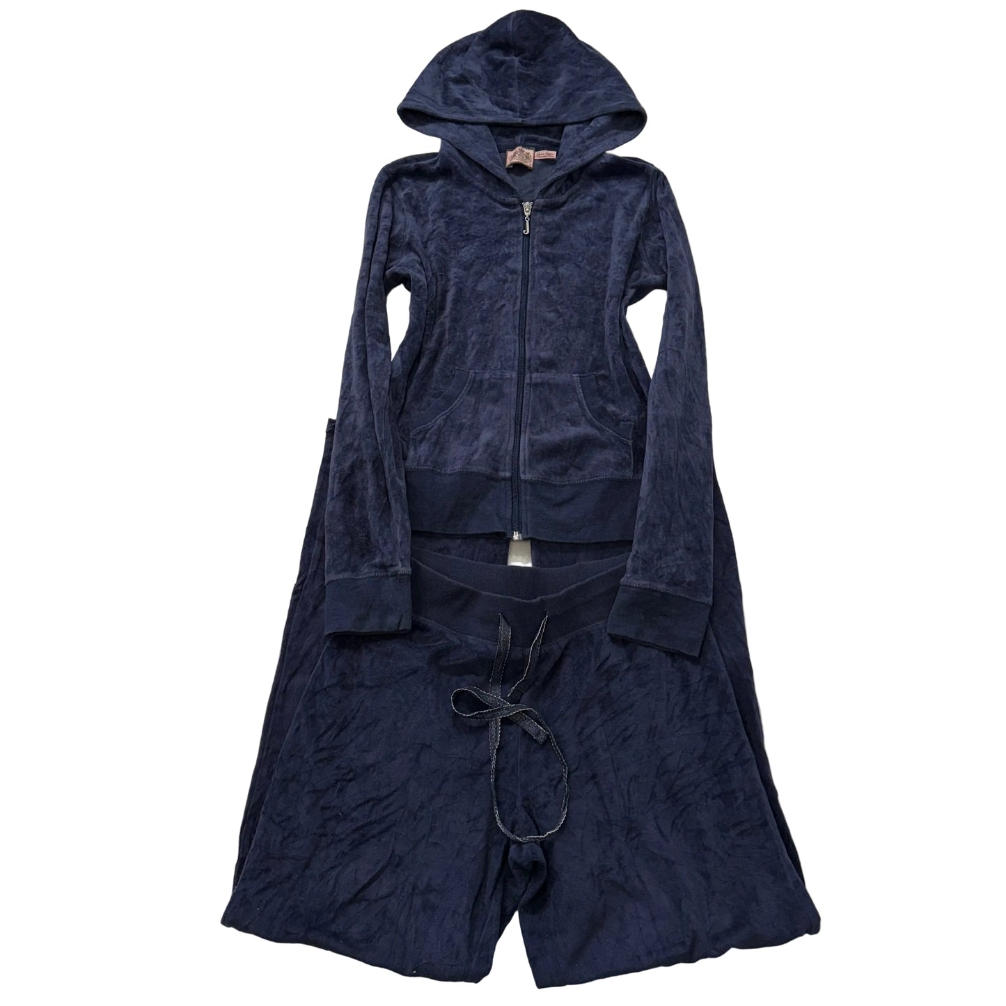 Juicy Couture Navy Blue Velour Tracksuit Set Zip Up Hoodie & Flared Pant Size S