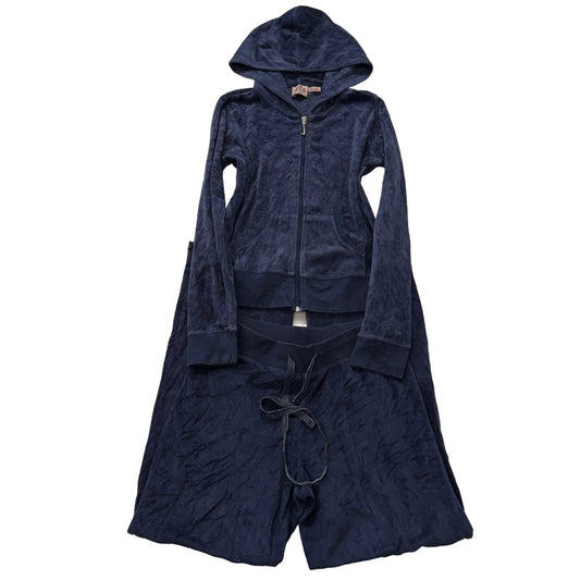 Juicy Couture Navy Blue Velour Tracksuit Set Zip Up Hoodie & Flared Pant Size S