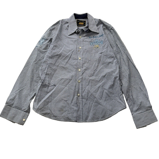 Van Santen & Van Santen Men's Blue Checkered Button Up Shirt Crest Patch Size M
