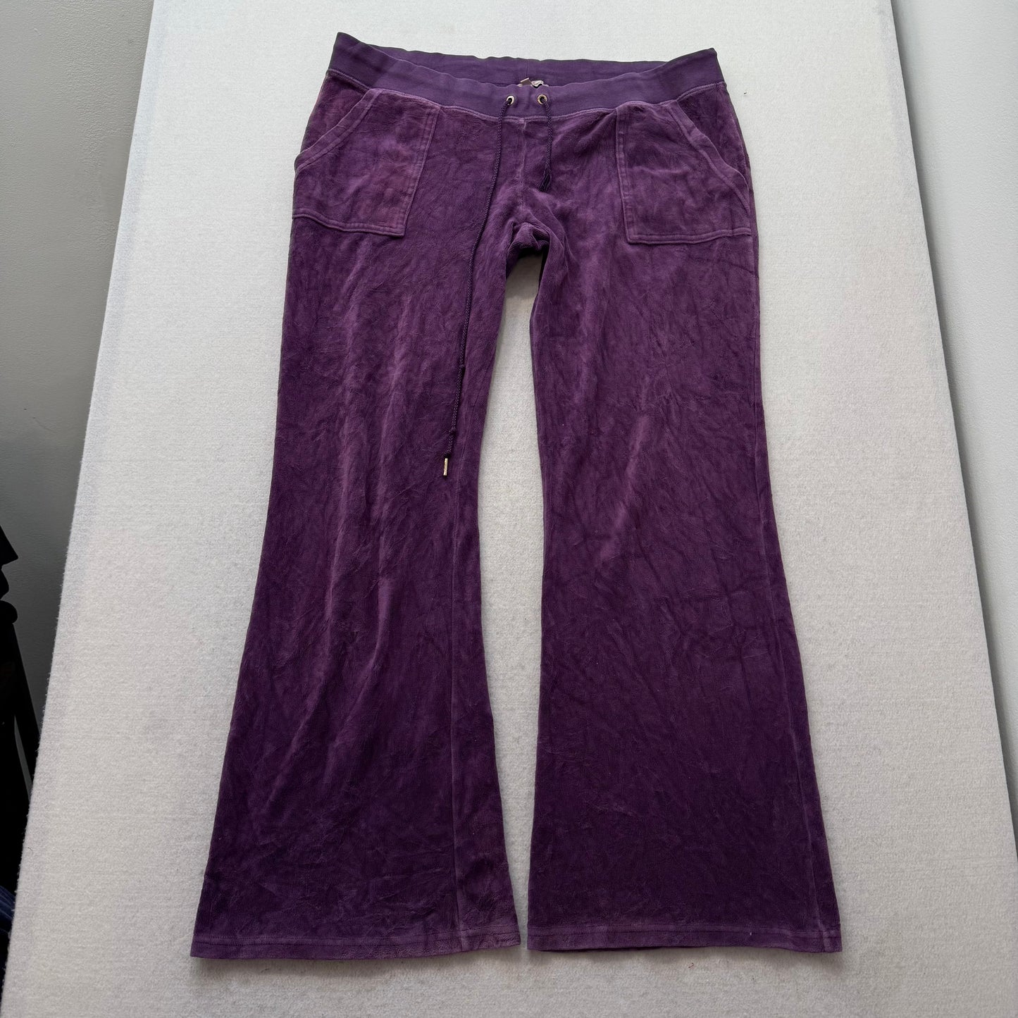 Juicy Couture Women's Purple Velour Flared Track Pant Snap Flap Pockets Size XL