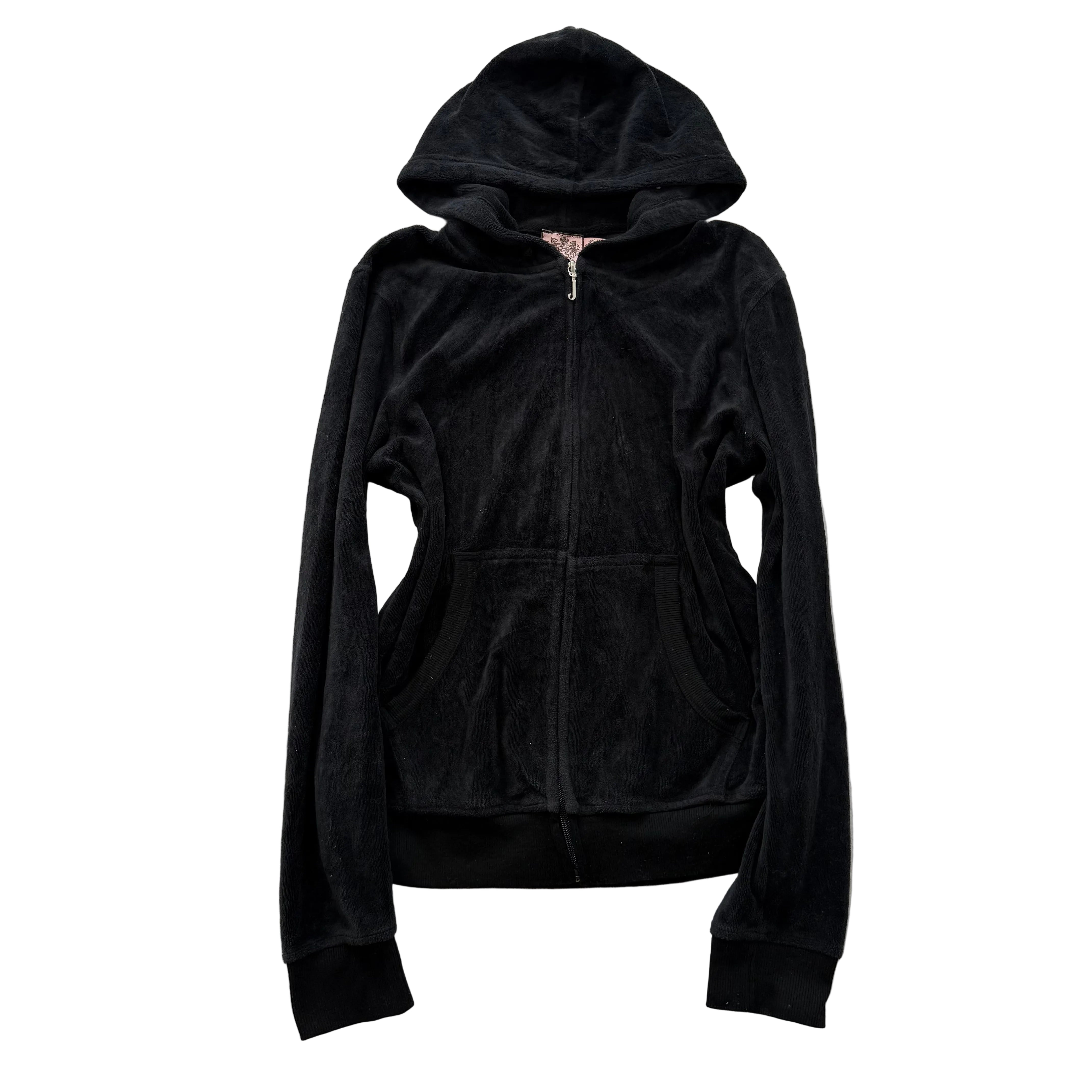 Juicy Couture Women's Jet Black Velour Zip-Up Hoodie Kangaroo Pockets Y2K Size M