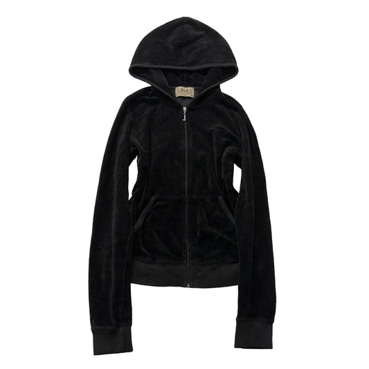 2003 Vintage Juicy Couture Women's Black Velour Zip-Up Hoodie Pockets Size M