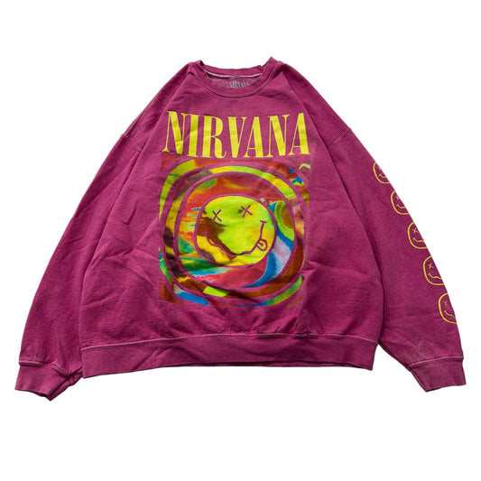 Nirvana Women's Hot Pink Fleece Sweatshirt Tie Dye Smiley Face Crewneck Size S/M