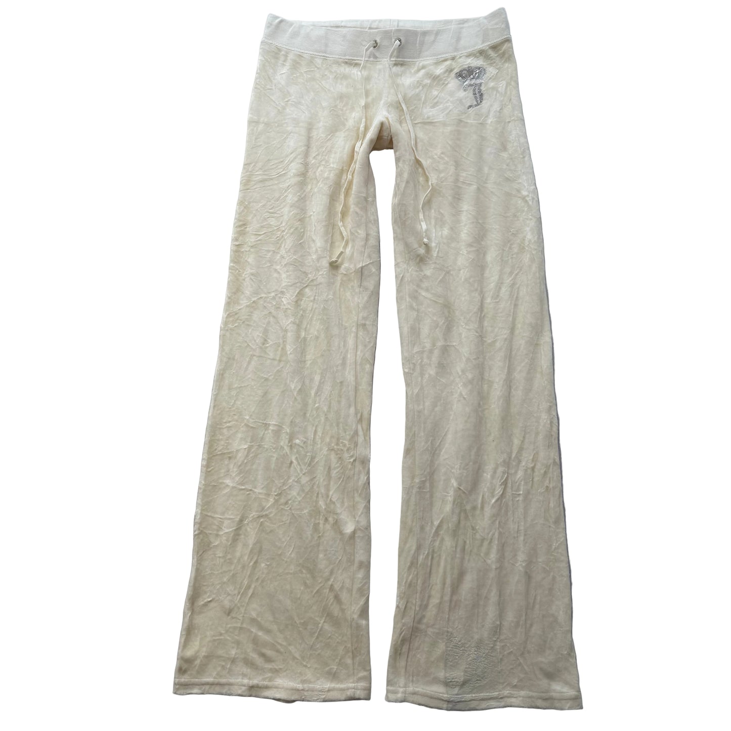 Juicy Couture Women's Cream Velour Flared Track Pant Rhinestones Logo Size M