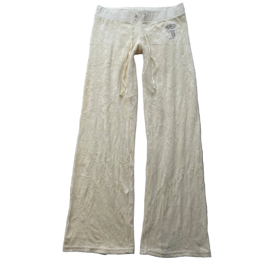 Juicy Couture Women's Cream Velour Flared Track Pant Rhinestones Logo Size M