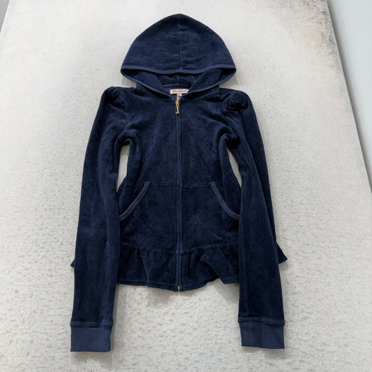 VTG Juicy Couture Juicy Pretty Darling Women Navy Zip-Up Hoodie Ruffled Hem - XL