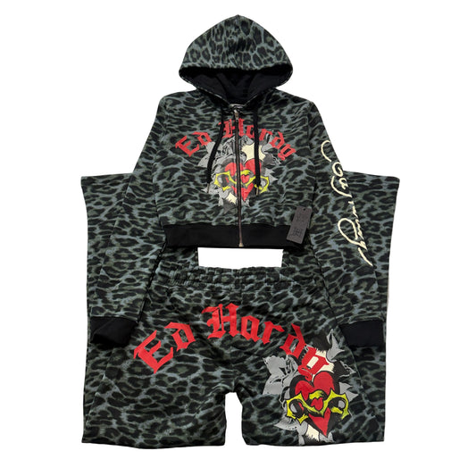 ED HARDY "Sacred Heart" GREEN LEOPARD FLARED MATCHING SET