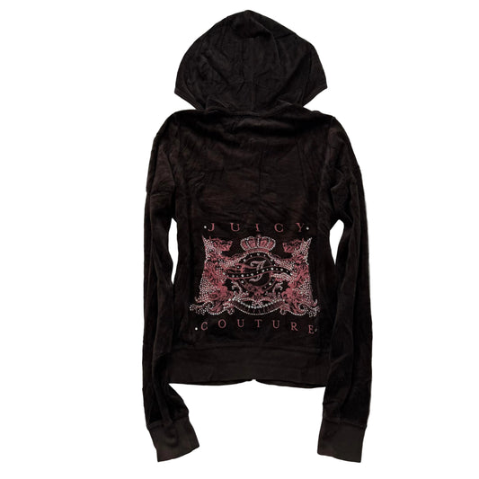 Vintage Juicy Couture Women's Brown Velour Zip Up Hoodie Rhinestones Logo Size S