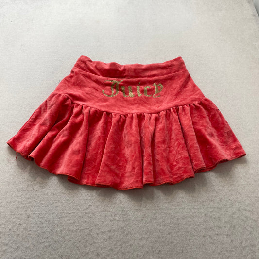 Juicy Couture Women's Red Velour Micro Mini Skirt Drawstring Ruffled Hem Size XS