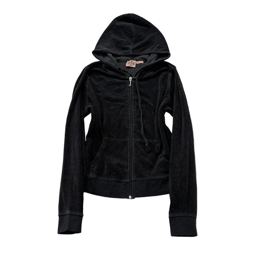 Vintage Juicy Couture Womens Black Velour Zip-Up Hoodie Drawstring Pocket Size S