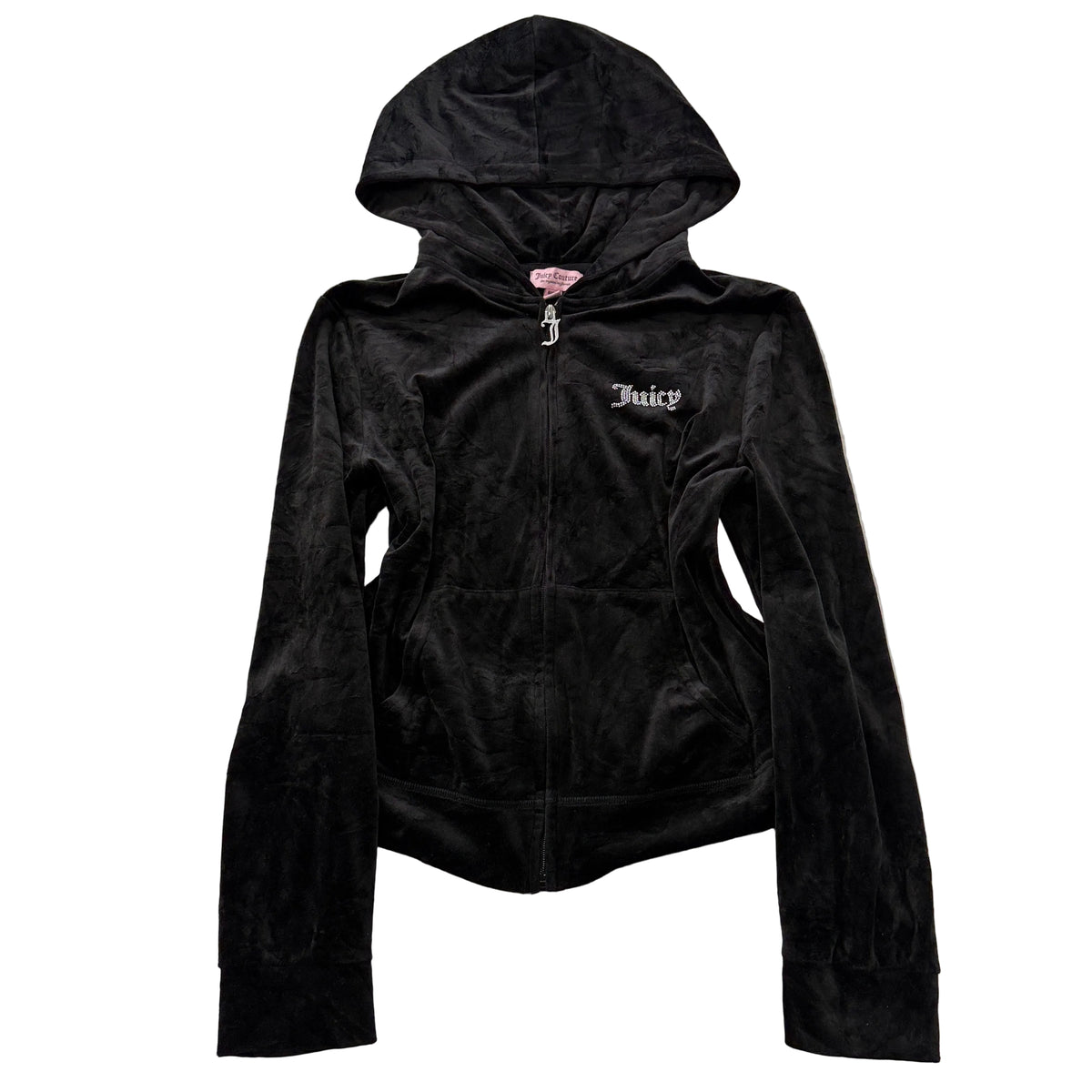 Juicy Couture Womens Black Velour Zip-Up Hoodie Pockets Rhinestone Logo Size 2XL