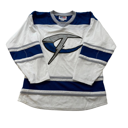 Athletic Knit Men's White Blue Striped Polyester Mesh Hockey Jersey Logo Size L