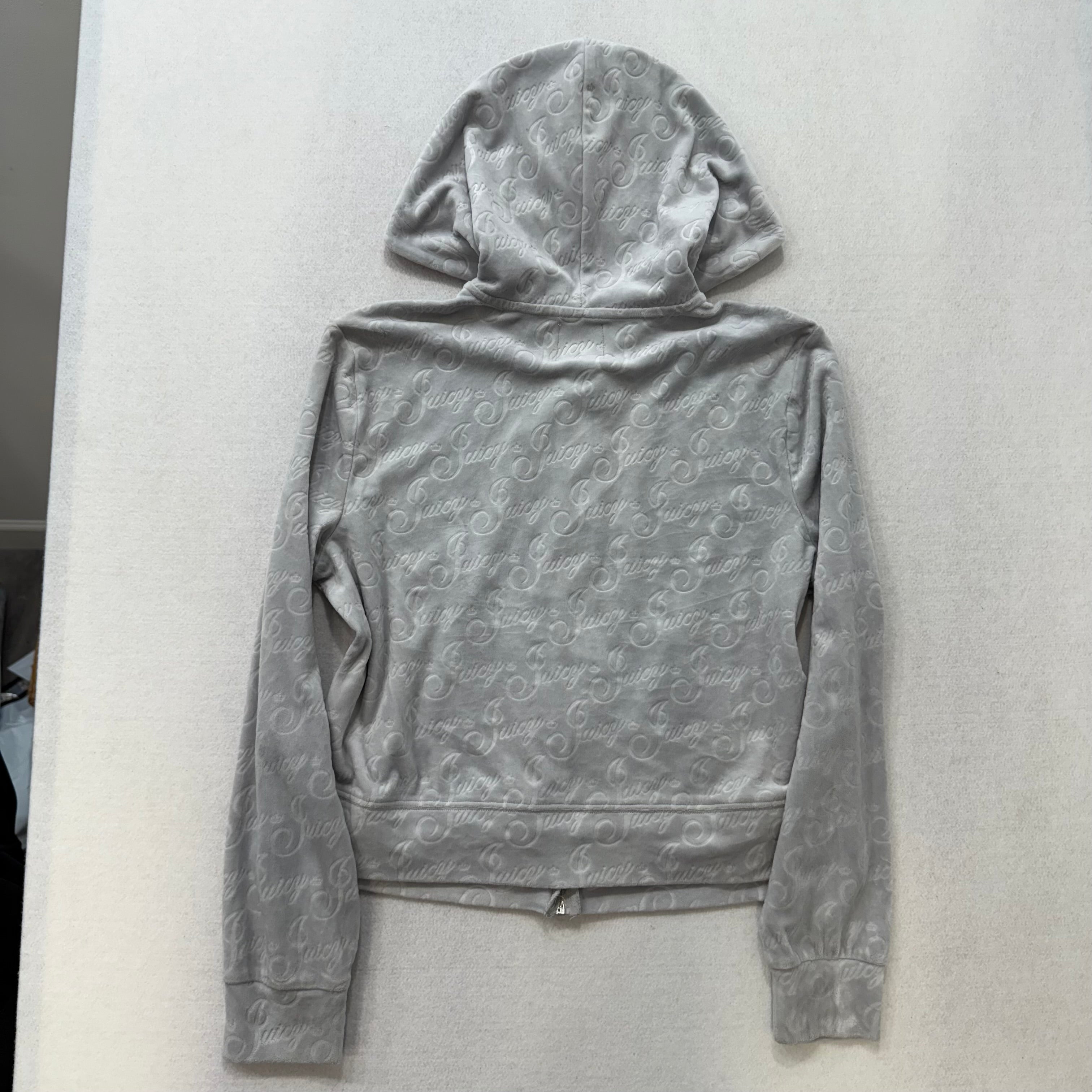 Vintage Juicy Couture Women's Gray Velour Full Zip Hoodie Juicy Embossed Size L