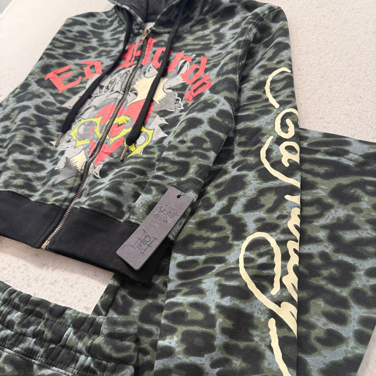 ED HARDY "Sacred Heart" GREEN LEOPARD FLARED MATCHING SET