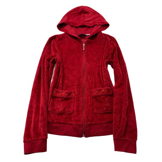 Vintage Juicy Couture Women's Red Velour Zip-Up Hoodie Front Snap Pockets Size L