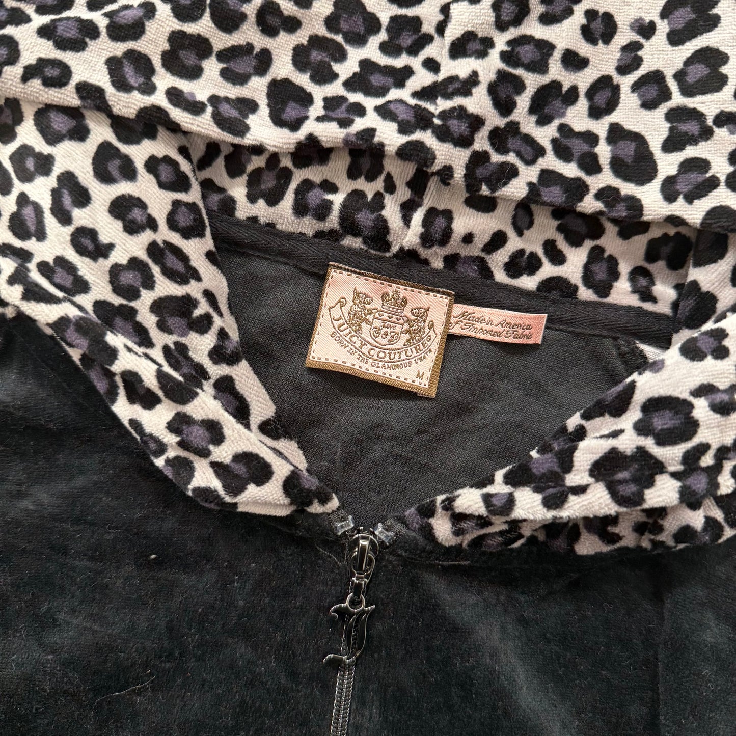Juicy Couture Women's Black Leopard Print Velour Zip Up Hoodie Raglan Cut Size M