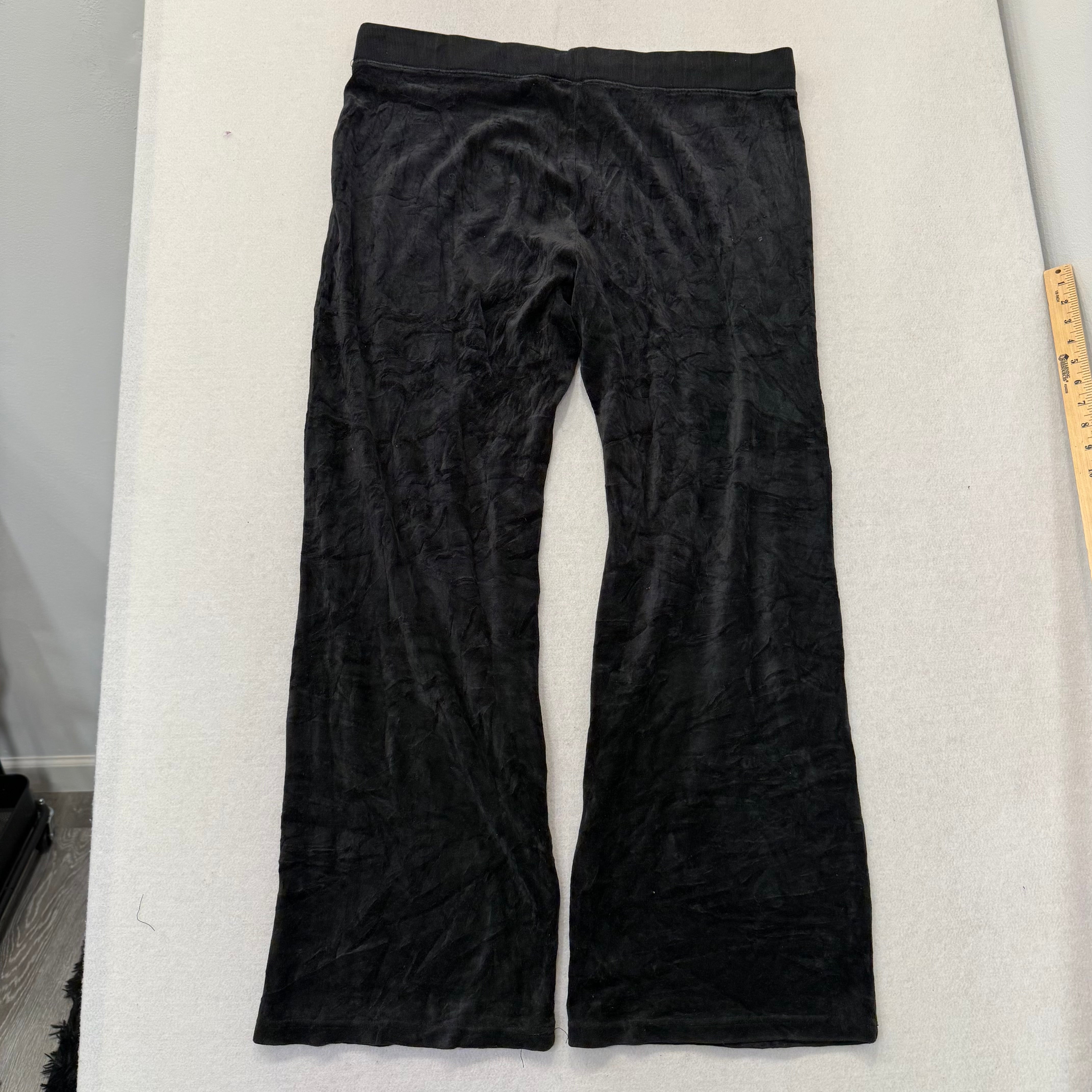 Vintage Juicy Couture Black Drawstring Flare Velour Pants Fly-Front Waistband Size XL