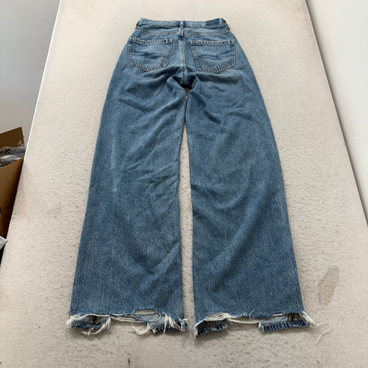American Eagle Women's Blue Denim Wide Leg Jeans Distressed Hem Jeans Size 00