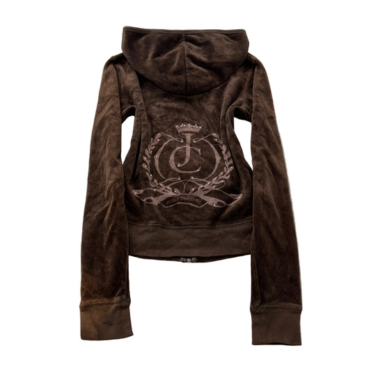 Vintage Juicy Couture Women's Dark Brown Velour Zip-Up Hoodie Crown Crest Size S