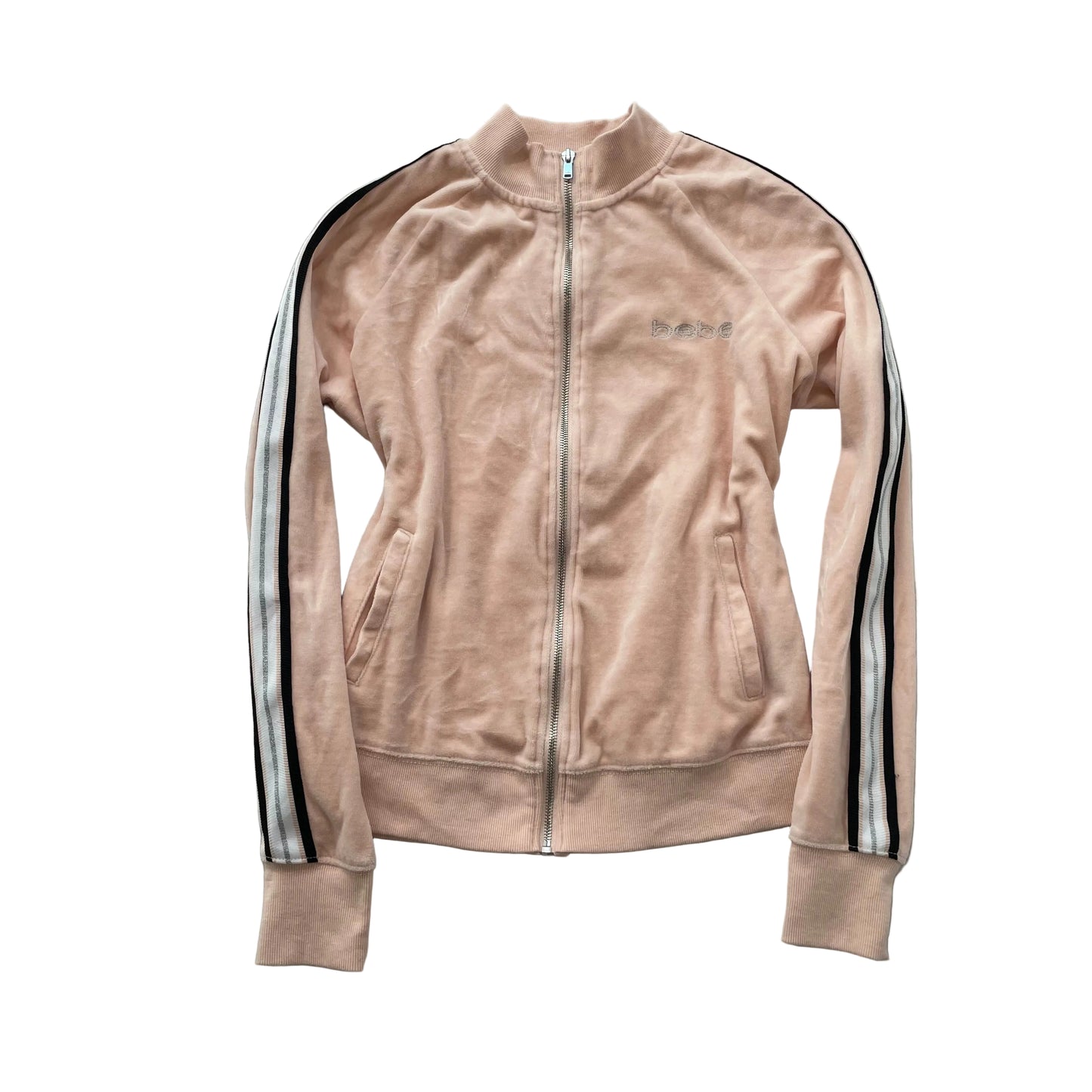 Bebe Women's Peach Velour Zip Up Track Jacket Mock Neck Side Stripes Logo Size S