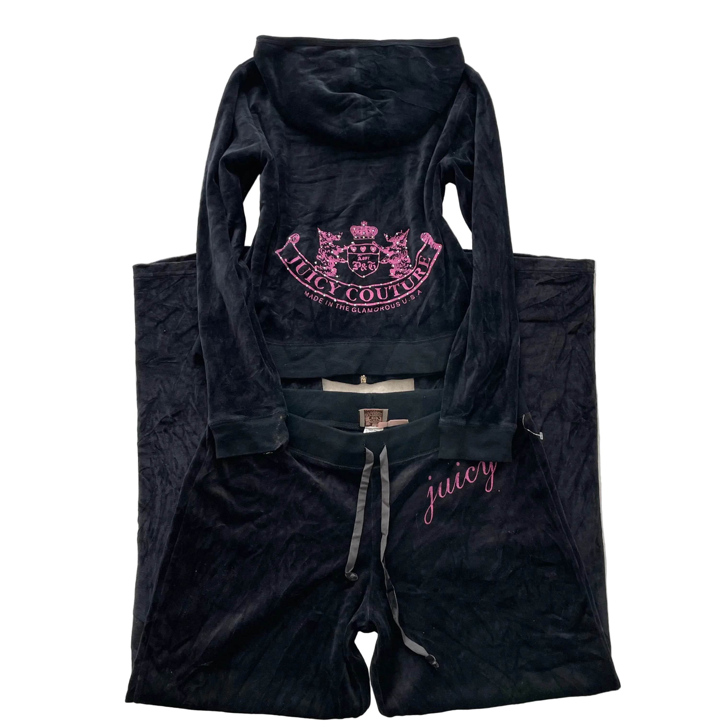 Vintage Juicy Couture Scottie Dogs Womens Black Velour Tracksuit Set Logo Size L