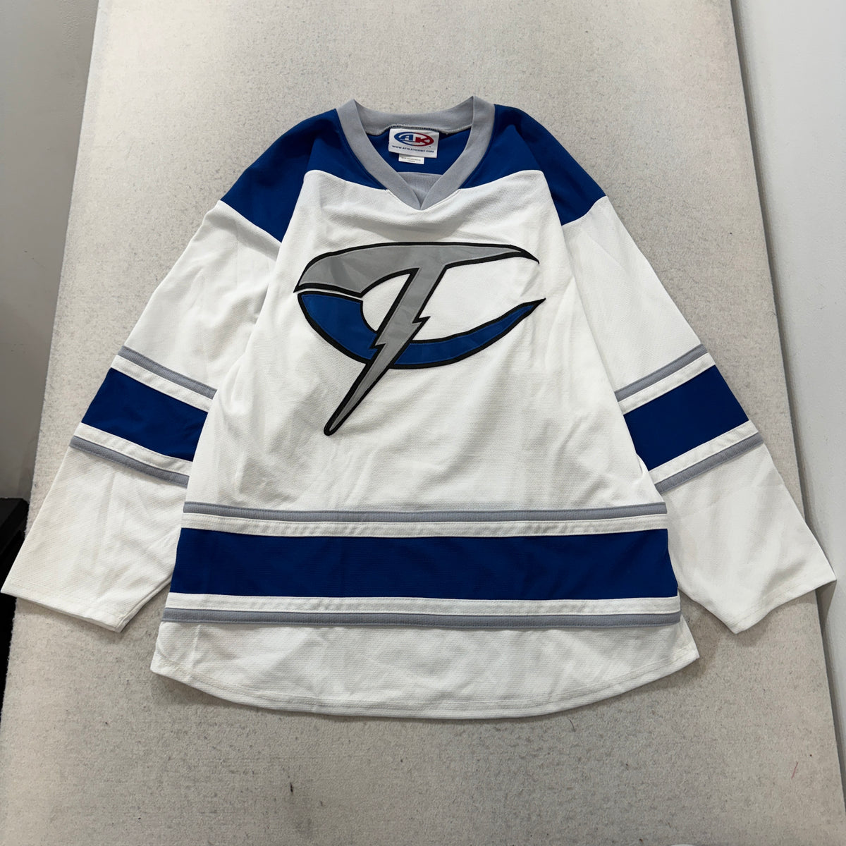 Athletic Knit White Blue Hockey Jersey Size L photo 1